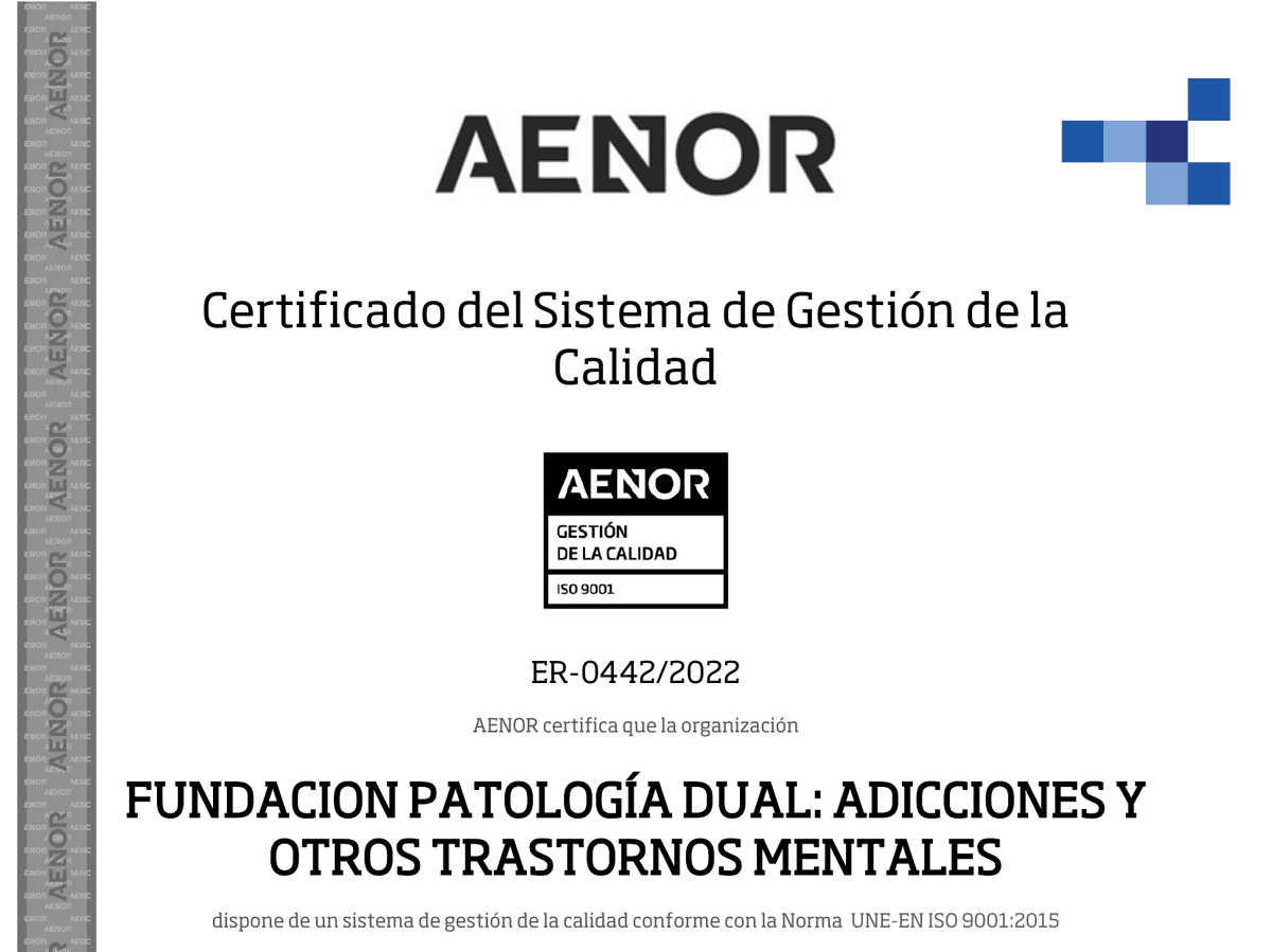 Certificado AENOR ISO 9001 — Fundación Patología Dual (ER-0442/2022)